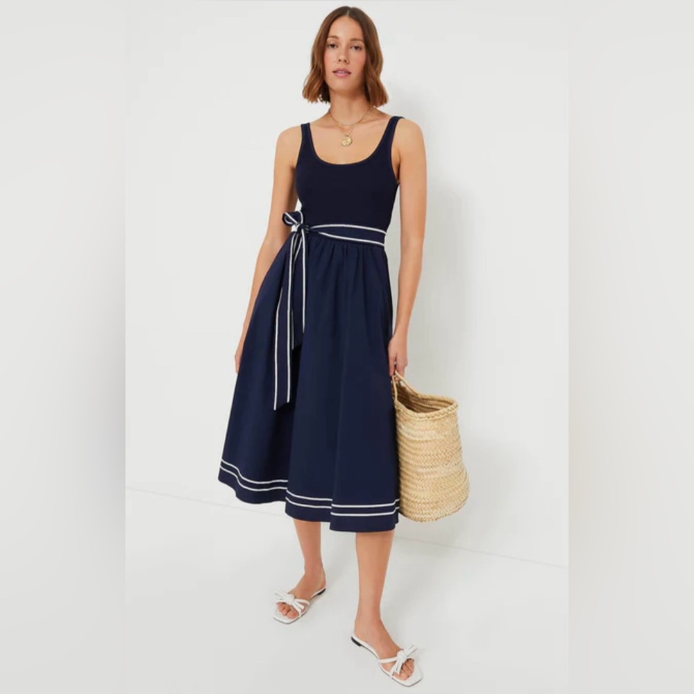 Vineyard Vines Mixed Media Navy Midi Dress with White Accents Sz M NWT!